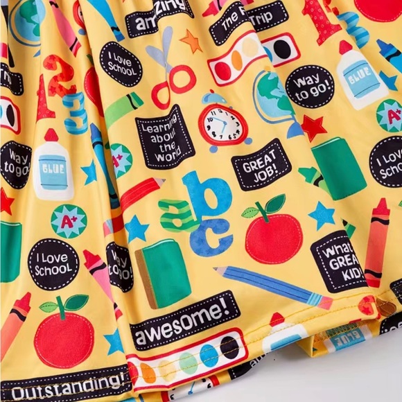 Back to School Toddler Girls Ruffle Trim Polka Dot School Themed Dress - Picture 3 of 5